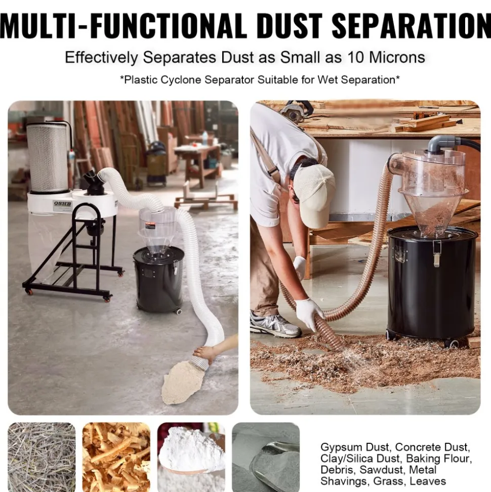 VEVOR Cyclone Dust Separator, 4" Retrofit Cyclone Separator for Dust Collectors, ABS Dust Deputy With 2" Hole O.D. Connector & Hose for Wet/Dry Shop Vacuums, Fits 5-10 Gallon Tank (Tank Exclude)