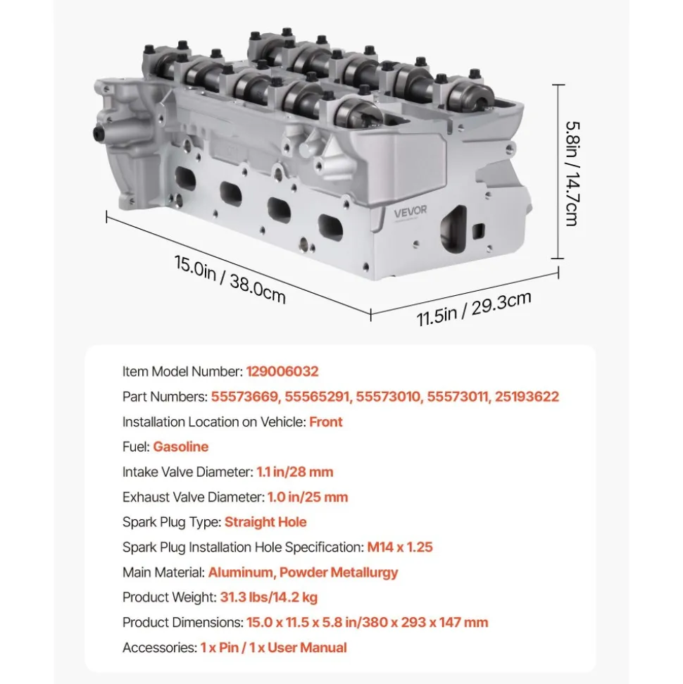 VEVOR Cylinder Head Assembly for 2011-2019 Chevy Cruze Sonic Trax 1.4L Turbo, 2013-2019 Buick Encore 4 Cyl 1.4L, Complete Engine Cylinder Head Assembly Replaces 55573669, 55565291, 55573010, 55573011