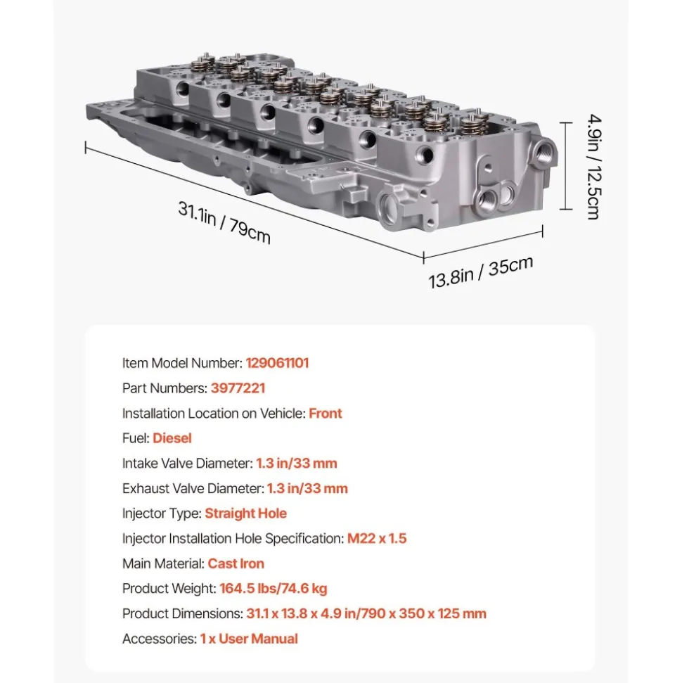 VEVOR Cylinder Head Assembly, 6.7L Replacement for 2007-2018 Dodge Cummins 6.7L, Compatible with Dodge Ram 2500 3500 4500 Models, Complete Engine Cylinder Head Assembly Replaces 3977221, Cast Iron