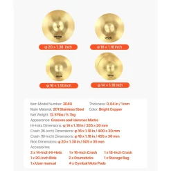 VEVOR Cymbal Pack, 4 Pieces Cymbals for Drum Set, Alloy Cymbals Drum Set Includes 14-inch Hi-Hats, 16-inch Crash, 18-inch Crash, 20-inch Ride, Drumsticks & Cymbal Bag, Alloy Cymbal Pack for Drummer
