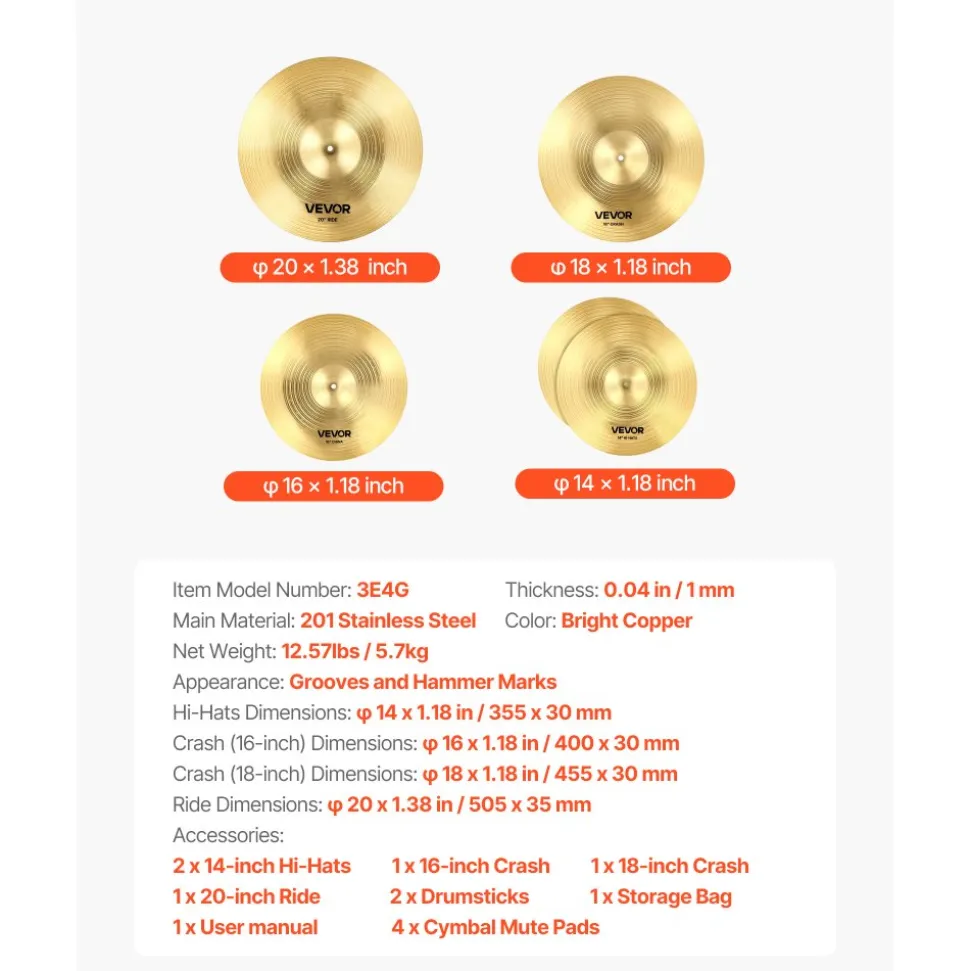 VEVOR Cymbal Pack, 6 Pieces Cymbals for Drum Set, Alloy Cymbals Drum Set Includes 14-inch Hi-Hats, 16-inch Crash, 18-inch Crash, 20-inch Ride, 10-inch Splash, 16-inch China, Drumsticks & Cymbal Bag