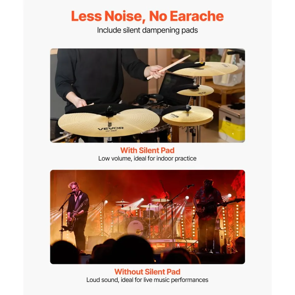 VEVOR Cymbal Pack, 6 Pieces Cymbals for Drum Set, Alloy Cymbals Drum Set Includes 14-inch Hi-Hats, 16-inch Crash, 18-inch Crash, 20-inch Ride, 10-inch Splash, 16-inch China, Drumsticks & Cymbal Bag
