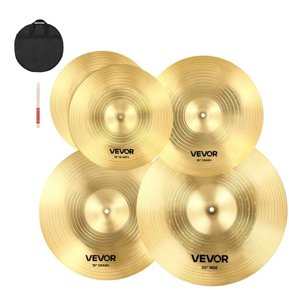 VEVOR Cymbal Pack, 6 Pieces Cymbals for Drum Set, Alloy Cymbals Drum Set Includes 14-inch Hi-Hats, 16-inch Crash, 18-inch Crash, 20-inch Ride, 10-inch Splash, 16-inch China, Drumsticks & Cymbal Bag