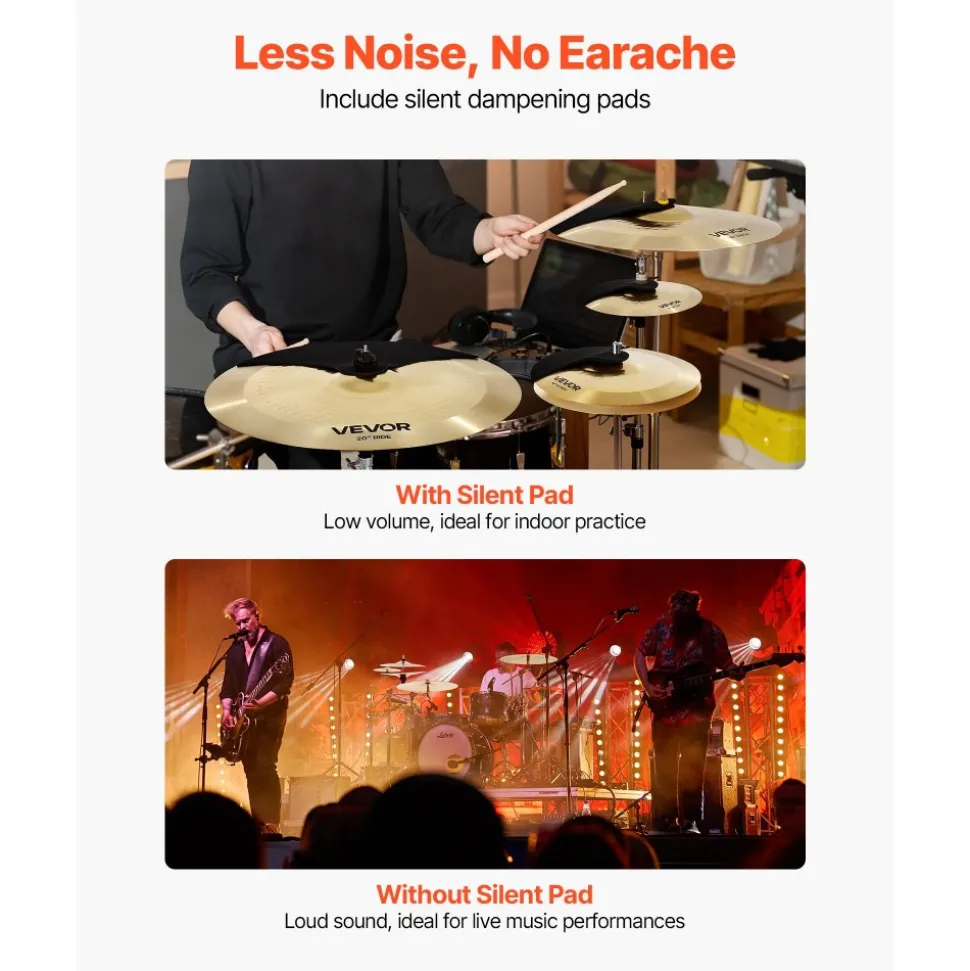 VEVOR Cymbal Pack, 3 Pieces Cymbals for Drum Set, Alloy Cymbals Drum Set Includes 14-inch Hi-Hats, 16-inch Crash, 20-inch Ride, Drumsticks & Cymbal Bag, Alloy Cymbal Pack for Drummer, Bright Copper