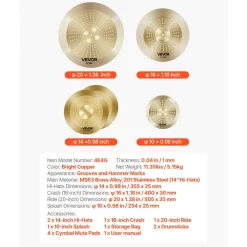 VEVOR Cymbal Pack, 3 Pieces Cymbals for Drum Set, Alloy Cymbals Drum Set Includes 14-inch Hi-Hats, 16-inch Crash, 20-inch Ride, Drumsticks & Cymbal Bag, Alloy Cymbal Pack for Drummer, Bright Copper