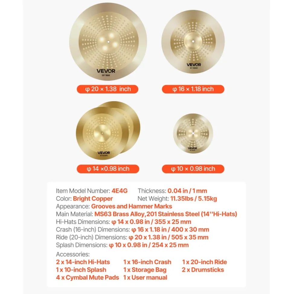 VEVOR Cymbal Pack, 3 Pieces Cymbals for Drum Set, Alloy Cymbals Drum Set Includes 14-inch Hi-Hats, 16-inch Crash, 20-inch Ride, Drumsticks & Cymbal Bag, Alloy Cymbal Pack for Drummer, Bright Copper