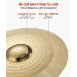 VEVOR Cymbal Pack, 3 Pieces Cymbals for Drum Set, Alloy Cymbals Drum Set Includes 14-inch Hi-Hats, 16-inch Crash, 20-inch Ride, Drumsticks & Cymbal Bag, Alloy Cymbal Pack for Drummer, Bright Copper