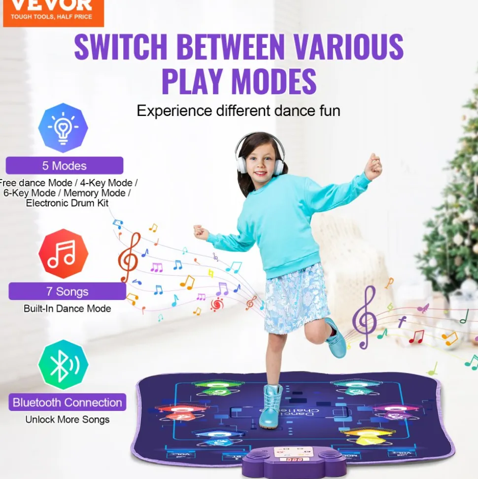 VEVOR Dance Mat, 6-Button Dance Mixer Rhythm Step Play Mat, Electronic Dance Pad with Wireless Bluetooth, LED Lights, 5 Game Modes, Adjustable Volume, Built-in Music, Toys Gifts for 3+ Year Old Girls