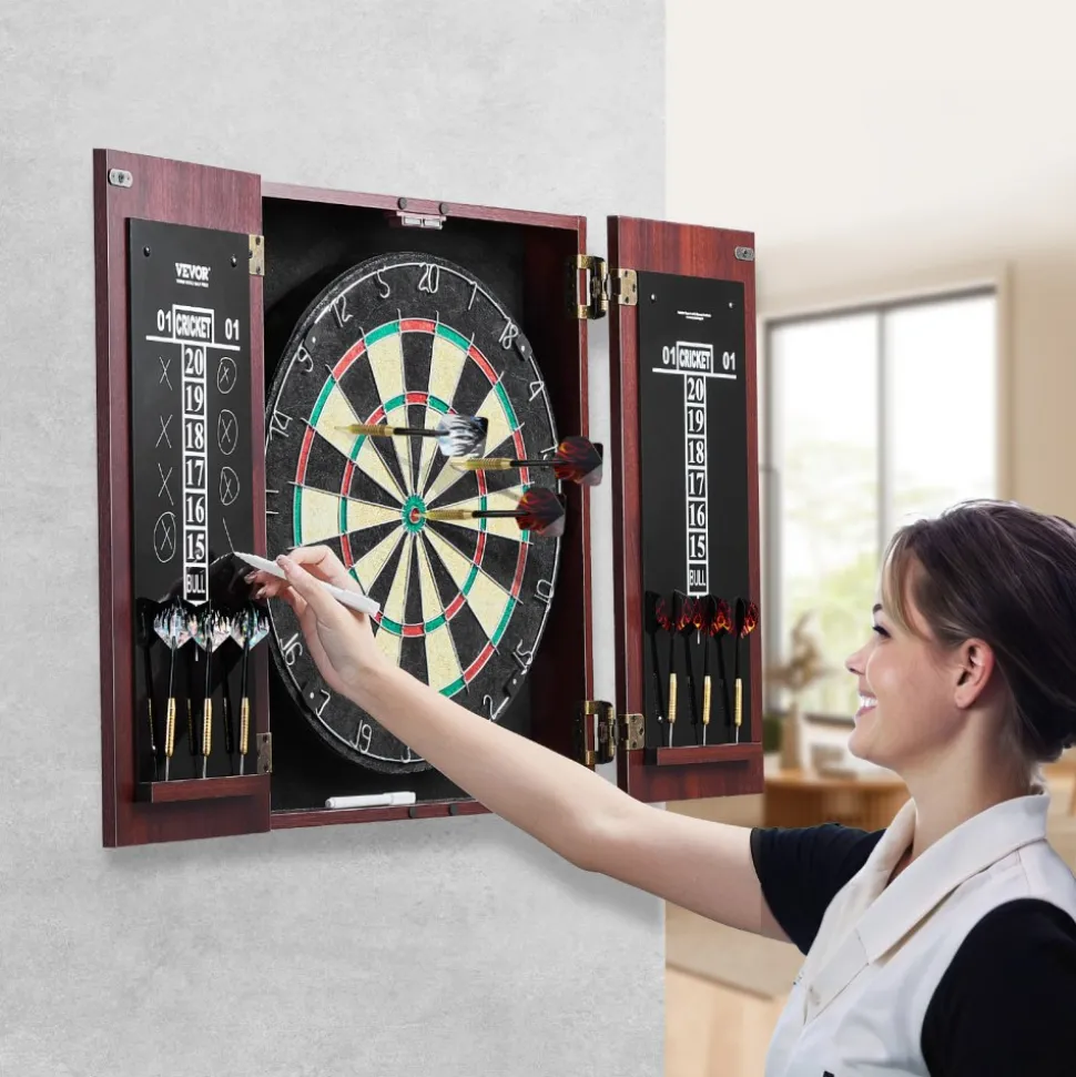 VEVOR Dartboard and Cabinet Set, Ready-to-Play Bundle Official Size Dartboard Cabinet, Steel Tip Dart Hideaway Cabinet, Features Easy Assembly, Complete with All Accessories, Perfect for Cricket Games