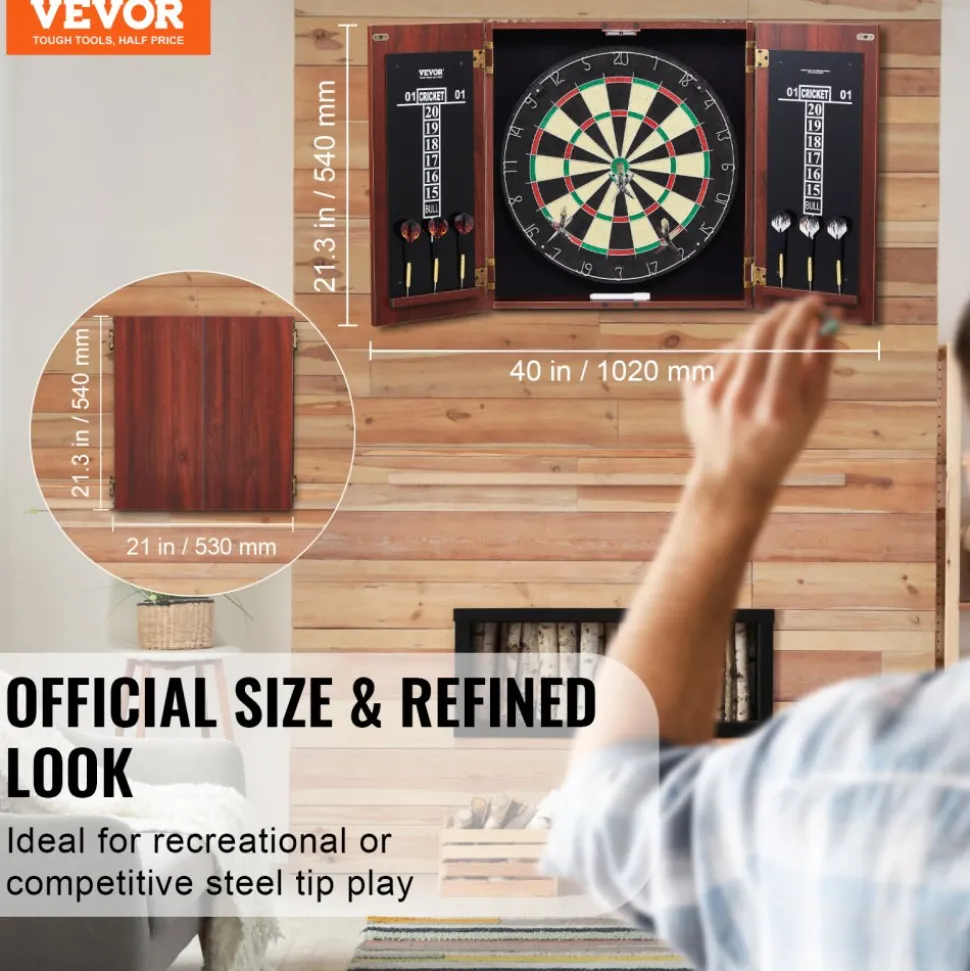 VEVOR Dartboard and Cabinet Set, Ready-to-Play Bundle Official Size Dartboard Cabinet, Steel Tip Dart Hideaway Cabinet, Features Easy Assembly, Complete with All Accessories, Perfect for Cricket Games