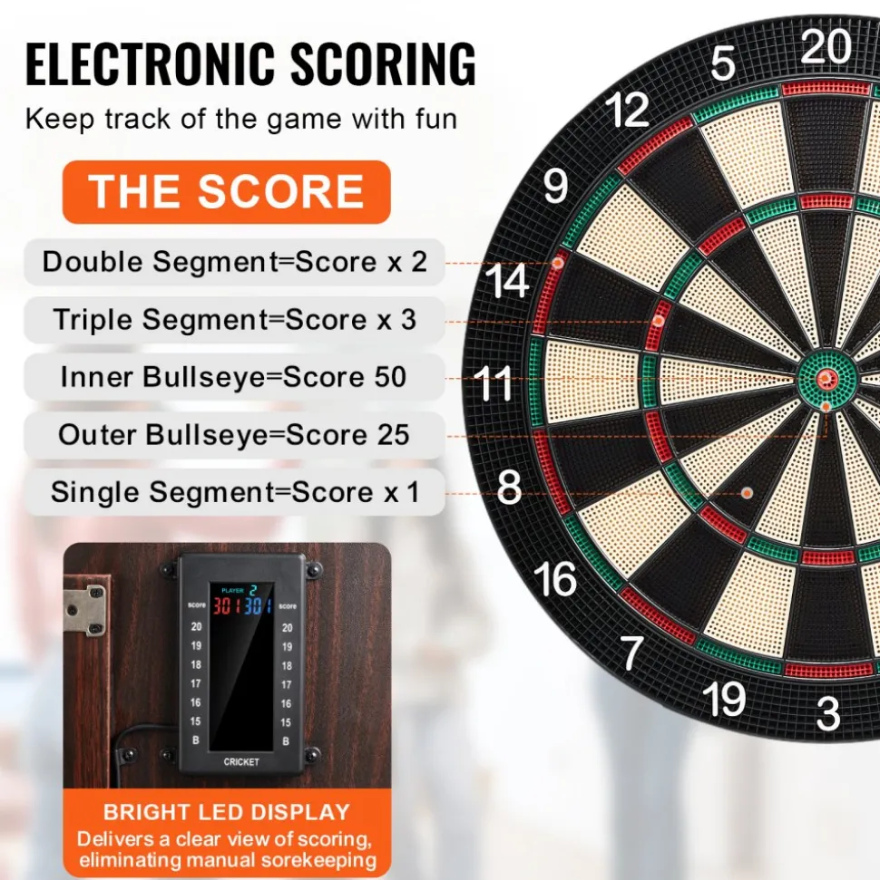 VEVOR Dartboard and Cabinet Set, Ready-to-Play Bundle Dartboard Cabinet Set, Hideaway Cabinet Features Electronic Scoring, Easy Assembly, Complete with All Accessories, Perfect for Cricket Games