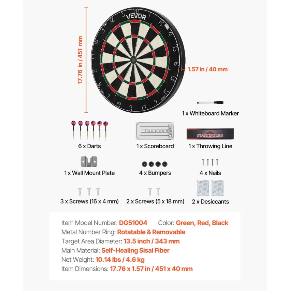 VEVOR Dartboard with 6 Darts & Scoring Kit, Self-Healing Sisal Fibers Dartboard with Staple-Free Bullseye & Rotating Number Ring, 17.7" Professional Steel Tip Dart Board Set for Home Party Game Rooms