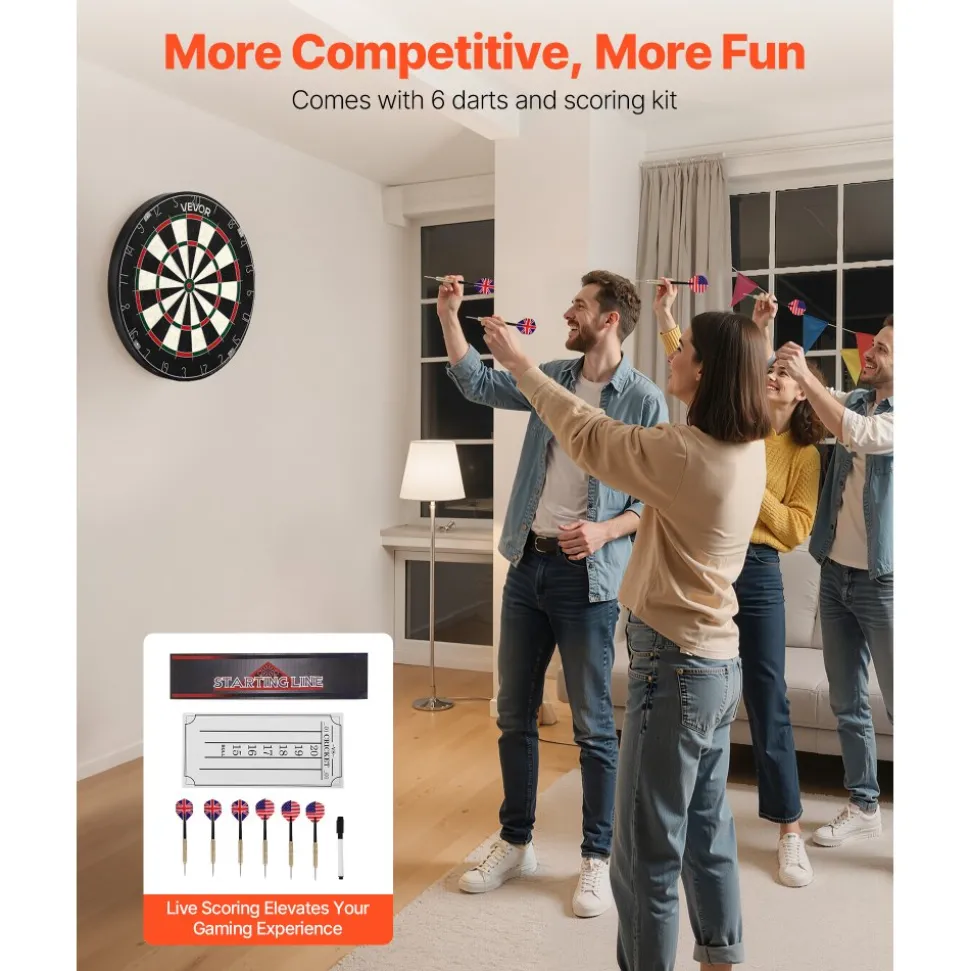 VEVOR Dartboard with 6 Darts & Scoring Kit, Self-Healing Sisal Fibers Dartboard with Staple-Free Bullseye & Rotating Number Ring, 17.7" Professional Steel Tip Dart Board Set for Home Party Game Rooms