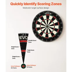 VEVOR Dartboard with 6 Darts & Scoring Kit, Self-Healing Sisal Fibers Dartboard with Staple-Free Bullseye & Rotating Number Ring, 17.7