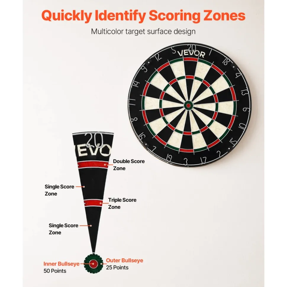 VEVOR Dartboard with 6 Darts & Scoring Kit, Self-Healing Sisal Fibers Dartboard with Staple-Free Bullseye & Rotating Number Ring, 17.7" Professional Steel Tip Dart Board Set for Home Party Game Rooms
