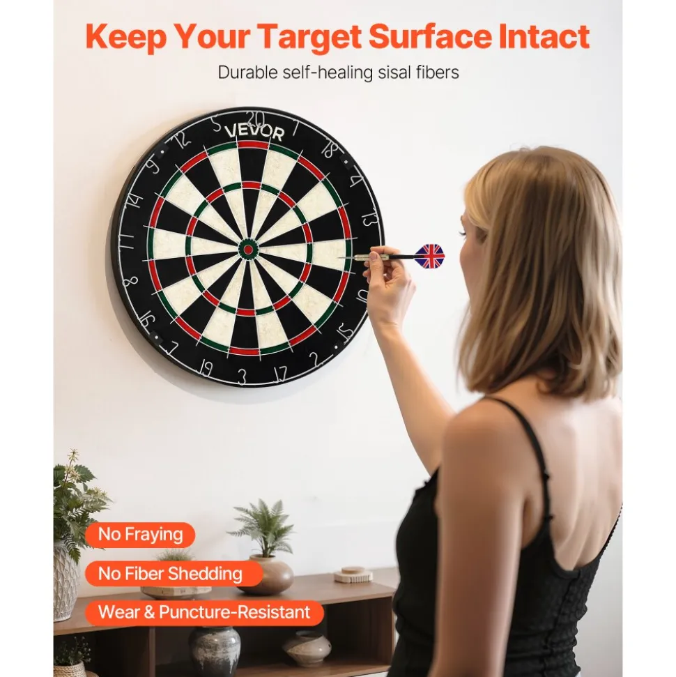 VEVOR Dartboard with 6 Darts & Scoring Kit, Self-Healing Sisal Fibers Dartboard with Staple-Free Bullseye & Rotating Number Ring, 17.7" Professional Steel Tip Dart Board Set for Home Party Game Rooms