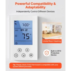VEVOR 7-Day Programmable Thermostat, Home Thermostats for Radiant Underfloor Heating Cable,Heat Pump, Built-in GFCI & Sensitive Sensor, LED Screen with Backlight,Energy-Efficient,White