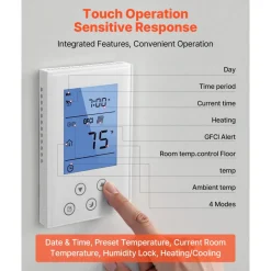 VEVOR 7-Day Programmable Thermostat, Home Thermostats for Radiant Underfloor Heating Cable,Heat Pump, Built-in GFCI & Sensitive Sensor, LED Screen with Backlight,Energy-Efficient,White