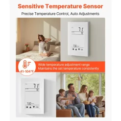 VEVOR 7-Day Programmable Thermostat, Home Thermostats for Radiant Underfloor Heating Cable, Heat Pump, with GFCI & Sensitive Sensor, LCD Touchscreen, Energy-Efficient, Gray-White  (Without Wifi)