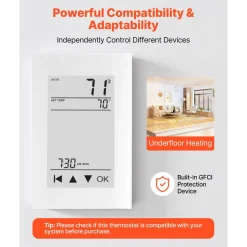 VEVOR 7-Day Programmable Thermostat, Home Thermostats for Radiant Underfloor Heating Cable, Heat Pump, with GFCI & Sensitive Sensor, LCD Touchscreen, Energy-Efficient, Gray-White  (Without Wifi)