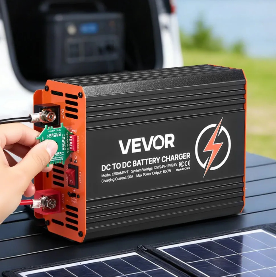 VEVOR DC to DC Charger with MPPT, 650W, 50A On-Board Battery Charger, Solar Panel/Alternator Dual Input, Smart Multi-Stage Charging for LiFePO4 Lead-Acid Batteries, 12V/24V-12V/24V, for RV Home Backup