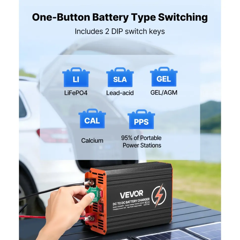 VEVOR DC to DC Charger with MPPT, 650W, 50A On-Board Battery Charger, Solar Panel/Alternator Dual Input, Smart Multi-Stage Charging for LiFePO4 Lead-Acid Batteries, 12V/24V-12V/24V, for RV Home Backup