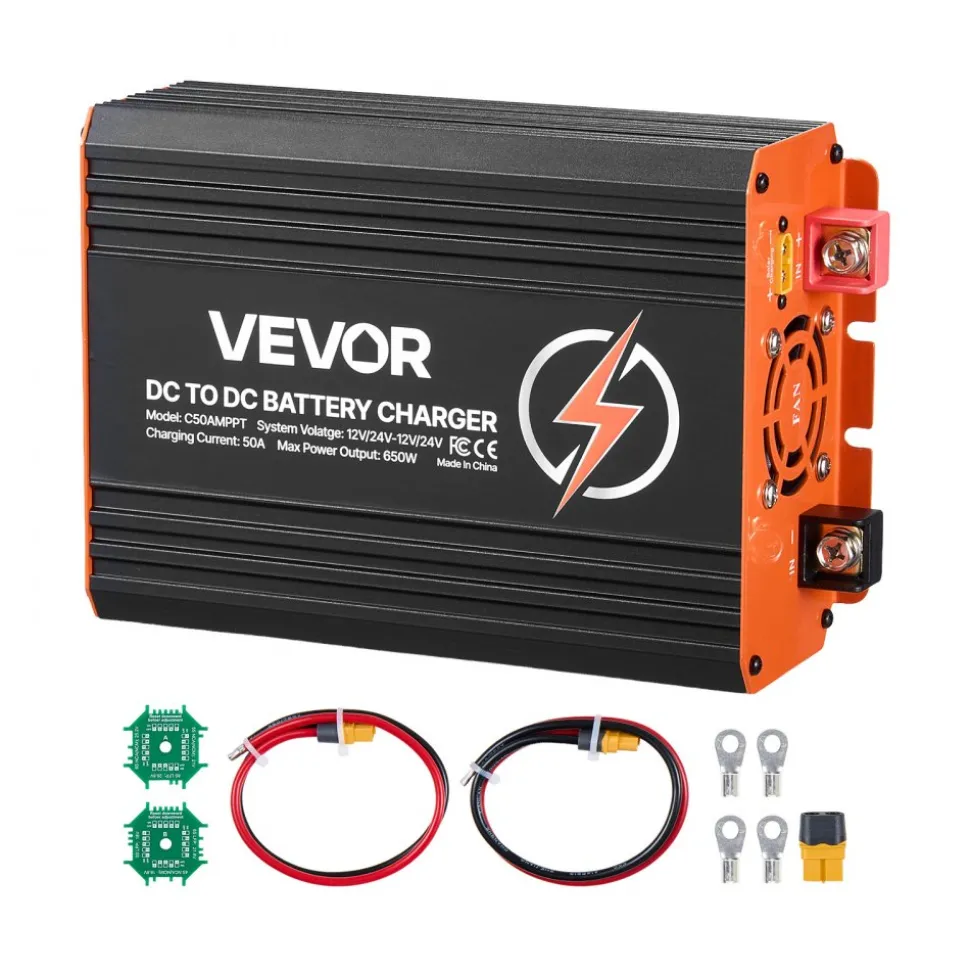 VEVOR DC to DC Charger with MPPT, 650W, 50A On-Board Battery Charger, Solar Panel/Alternator Dual Input, Smart Multi-Stage Charging for LiFePO4 Lead-Acid Batteries, 12V/24V-12V/24V, for RV Home Backup