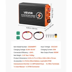 VEVOR DC to DC Charger with MPPT, 650W, 50A On-Board Battery Charger, Solar Panel/Alternator Dual Input, Smart Multi-Stage Charging for LiFePO4 Lead-Acid Batteries, 12V/24V-12V/24V, for RV Home Backup