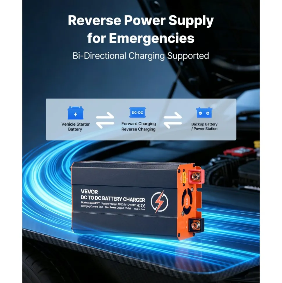 VEVOR DC to DC Charger with MPPT, 350W, 30A On-Board Battery Charger, Solar Panel/Alternator Dual Input, Smart Multi-Stage Charging for LiFePO4 Lead-Acid Batteries, 12V/24V-12V/24V, for RV Home Backup