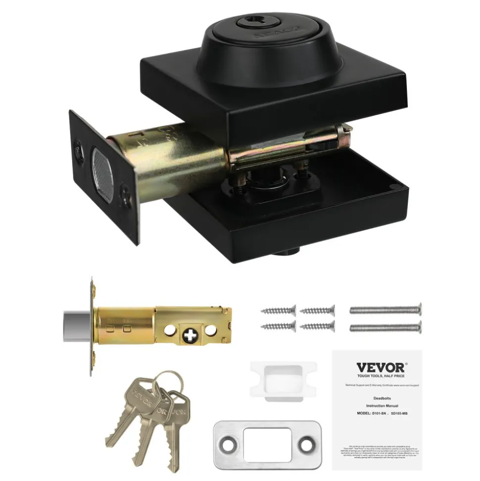 VEVOR Deadbolt Lock, Square Single Cylinder Dead Bolt, Keyed 1 Side, Fits Standard Size Interior and Exterior Doors, Full Metal, with 3 Keys, for Front Entry Door Residential Security, Matte Black