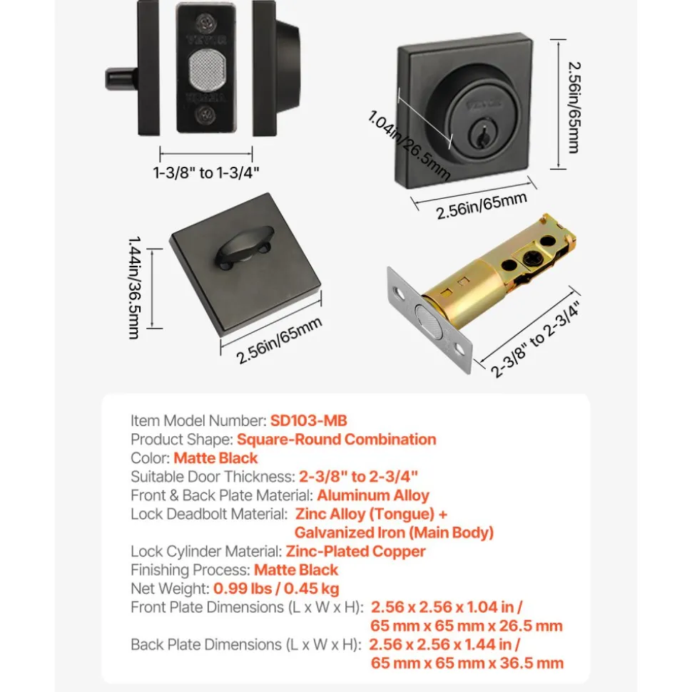 VEVOR Deadbolt Lock, Square Single Cylinder Dead Bolt, Keyed 1 Side, Fits Standard Size Interior and Exterior Doors, Full Metal, with 3 Keys, for Front Entry Door Residential Security, Matte Black