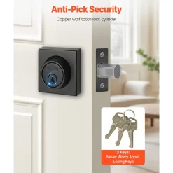 VEVOR Deadbolt Lock, Square Single Cylinder Dead Bolt, Keyed 1 Side, Fits Standard Size Interior and Exterior Doors, Full Metal, with 3 Keys, for Front Entry Door Residential Security, Matte Black