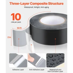 VEVOR Deck Joist Tape, 2 inch x 50 ft, 10 Pack, Weather-Resistant Waterproof Flashing Butyl Joist Tape for Decking, Self-Adhesive, for Wood Decks, Beams Roofs, RVs, House, and Pipes Repair, Black