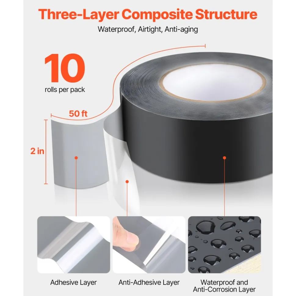 VEVOR Deck Joist Tape, 2 inch x 50 ft, 10 Pack, Weather-Resistant Waterproof Flashing Butyl Joist Tape for Decking, Self-Adhesive, for Wood Decks, Beams Roofs, RVs, House, and Pipes Repair, Black