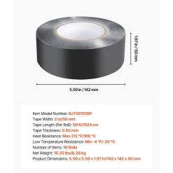 VEVOR Deck Joist Tape, 2 inch x 50 ft, 10 Pack, Weather-Resistant Waterproof Flashing Butyl Joist Tape for Decking, Self-Adhesive, for Wood Decks, Beams Roofs, RVs, House, and Pipes Repair, Black