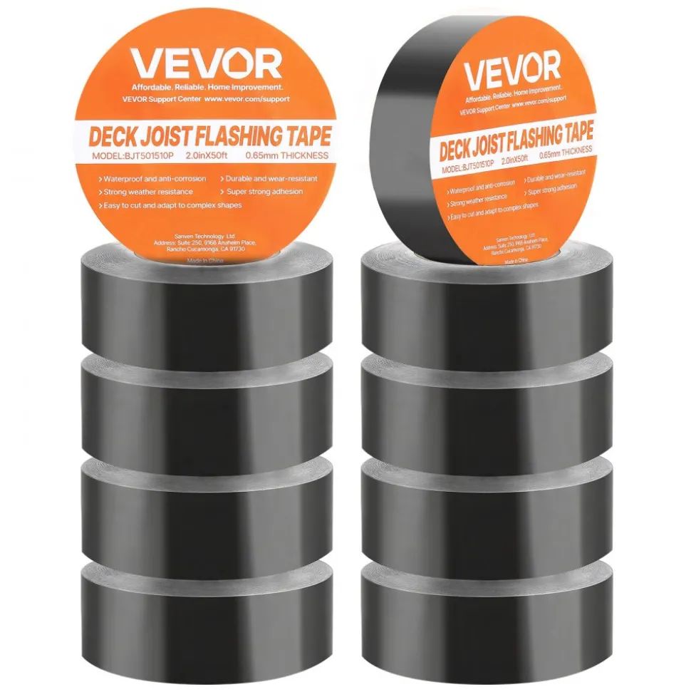 VEVOR Deck Joist Tape, 2 inch x 50 ft, 10 Pack, Weather-Resistant Waterproof Flashing Butyl Joist Tape for Decking, Self-Adhesive, for Wood Decks, Beams Roofs, RVs, House, and Pipes Repair, Black