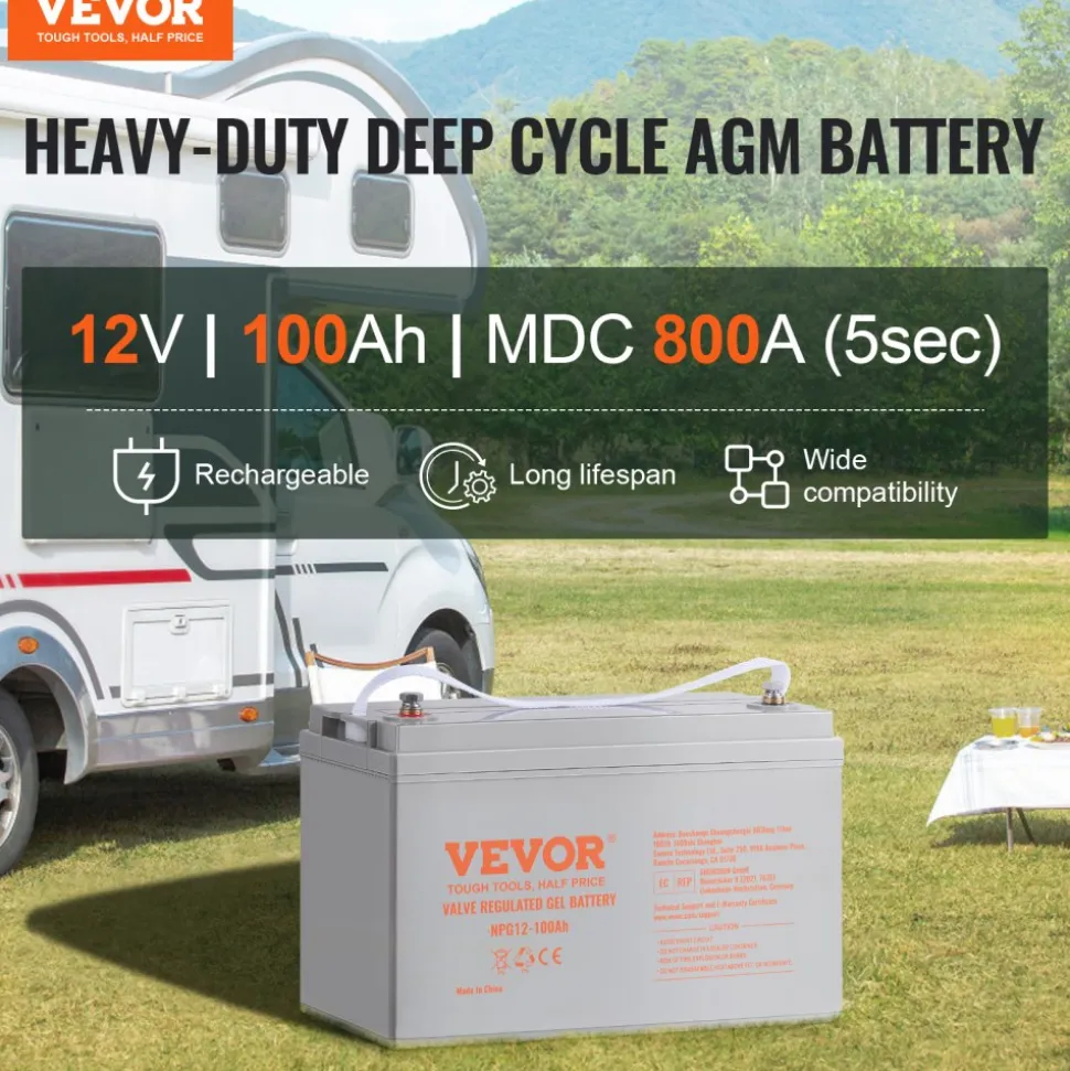VEVOR Deep Cycle Battery, 12V 100 AH, AGM Marine Rechargeable Battery, High Self-Discharge Rate 800A Current, for RV Solar Marine Off-Grid Applications UPS Backup Power System