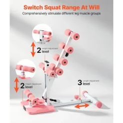 VEVOR Deep Squat Machine, Adjustable Glutes Trainer Machine with 3 High-Strength Resistance Bands, Folding Core Leg and Glutes Exercise Trainer, Push Up Workout Equipment at Home Gym, Pink + White