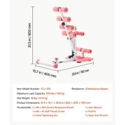 VEVOR Deep Squat Machine, Adjustable Glutes Trainer Machine with 3 High-Strength Resistance Bands, Folding Core Leg and Glutes Exercise Trainer, Push Up Workout Equipment at Home Gym, Pink + White