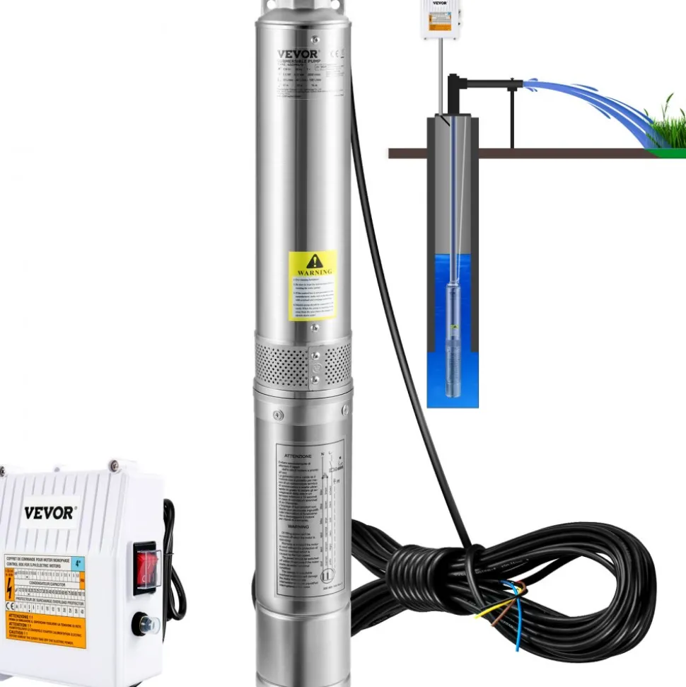VEVOR Deep Well Submersible Pump, 2HP 230V/60Hz, 37GPM 427 ft Head, with 33 ft Cord & External Control Box, 4 inch Stainless Steel Water Pumps for Industrial, Irrigation and Home Use, IP68 Waterproof