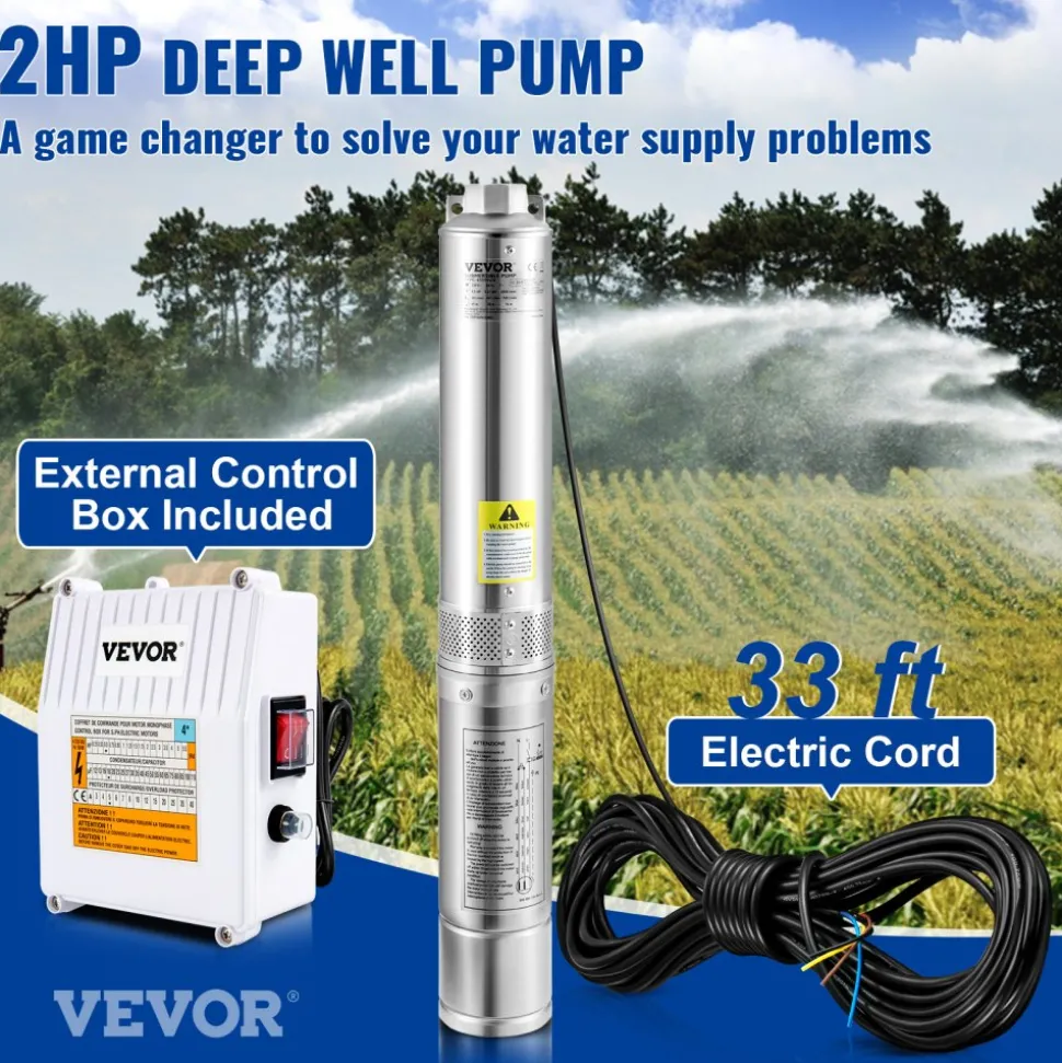 VEVOR Deep Well Submersible Pump, 2HP 230V/60Hz, 37GPM 427 ft Head, with 33 ft Cord & External Control Box, 4 inch Stainless Steel Water Pumps for Industrial, Irrigation and Home Use, IP68 Waterproof