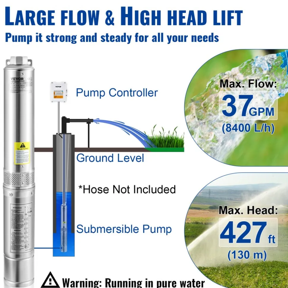 VEVOR Deep Well Submersible Pump, 2HP 230V/60Hz, 37GPM 427 ft Head, with 33 ft Cord & External Control Box, 4 inch Stainless Steel Water Pumps for Industrial, Irrigation and Home Use, IP68 Waterproof