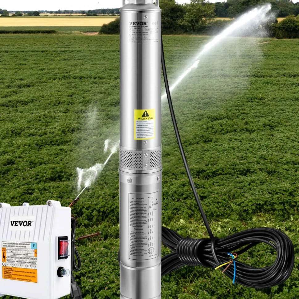 VEVOR Deep Well Submersible Pump, 2HP 230V/60Hz, 37GPM 427 ft Head, with 33 ft Cord & External Control Box, 4 inch Stainless Steel Water Pumps for Industrial, Irrigation and Home Use, IP68 Waterproof