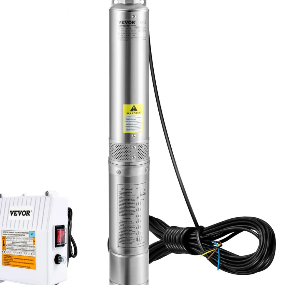 VEVOR Deep Well Submersible Pump, 2HP 230V/60Hz, 37GPM 427 ft Head, with 33 ft Cord & External Control Box, 4 inch Stainless Steel Water Pumps for Industrial, Irrigation and Home Use, IP68 Waterproof
