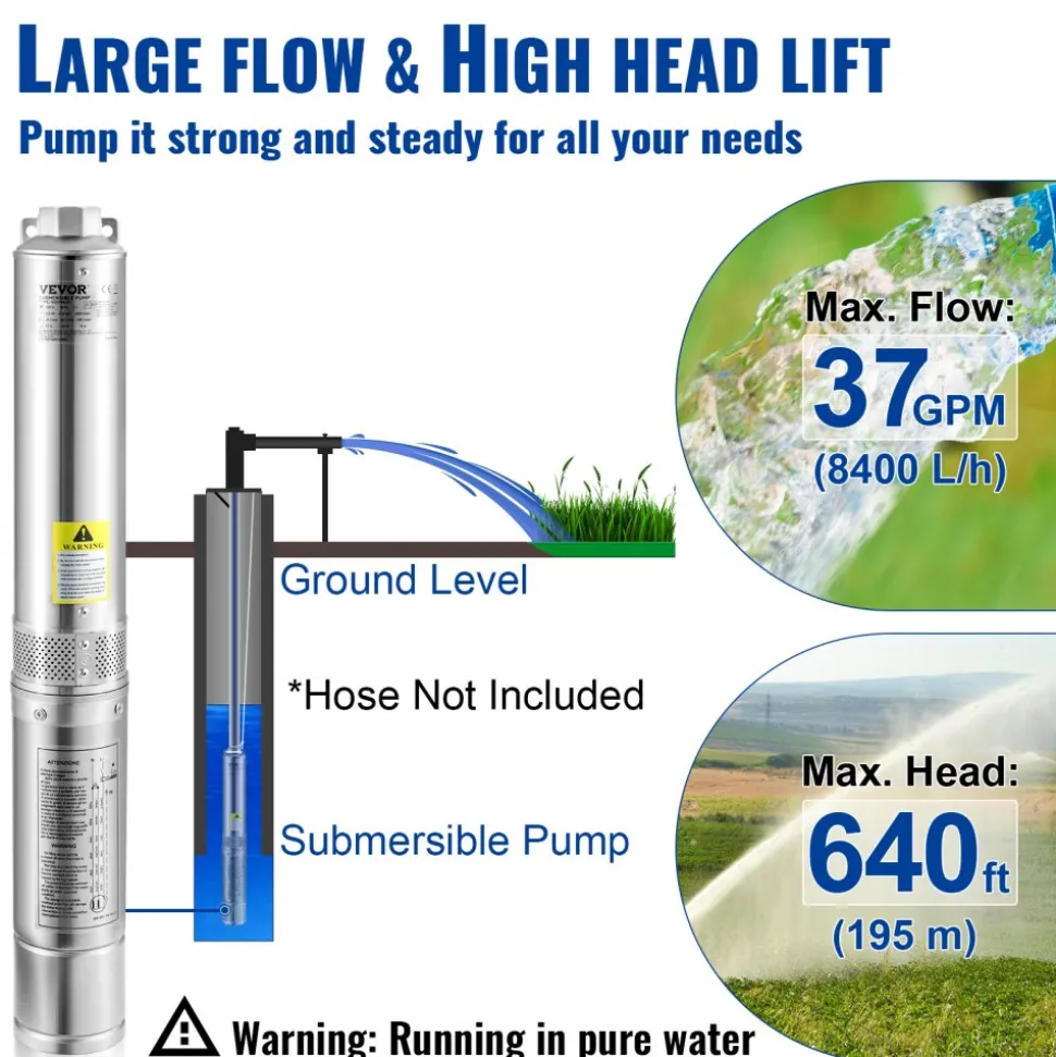 VEVOR Deep Well Submersible Pump, 3HP/2200W 230V/60Hz, 37GPM Flow 640 ft Head, with 33 ft Electric Cord, 4 inch Stainless Steel Water Pumps for Industrial, Irrigation & Home Use, IP68 Waterproof Grade