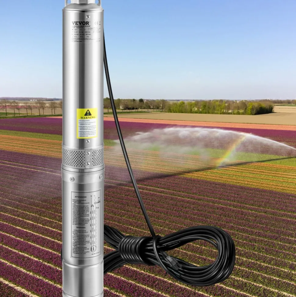 VEVOR Deep Well Submersible Pump, 3HP/2200W 230V/60Hz, 37GPM Flow 640 ft Head, with 33 ft Electric Cord, 4 inch Stainless Steel Water Pumps for Industrial, Irrigation & Home Use, IP68 Waterproof Grade