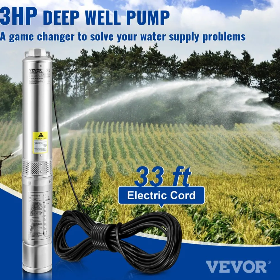 VEVOR Deep Well Submersible Pump, 3HP/2200W 230V/60Hz, 37GPM Flow 640 ft Head, with 33 ft Electric Cord, 4 inch Stainless Steel Water Pumps for Industrial, Irrigation & Home Use, IP68 Waterproof Grade