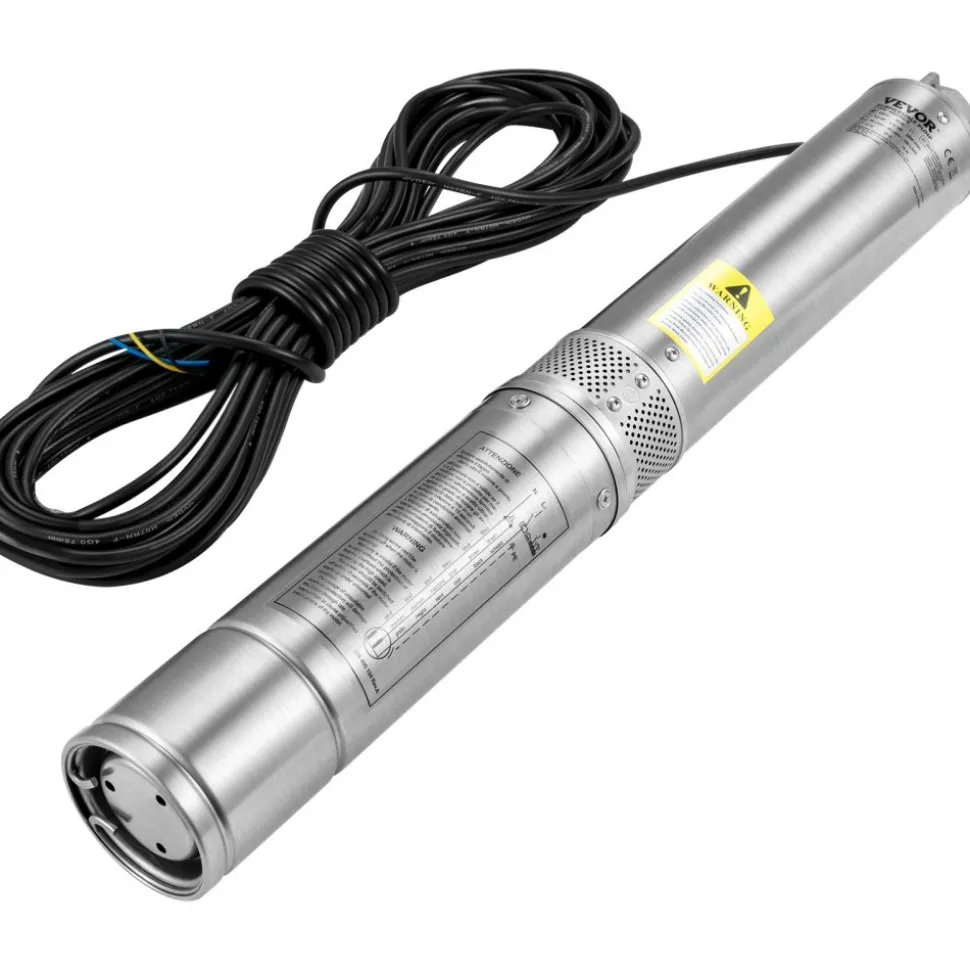 VEVOR Deep Well Submersible Pump, 1HP 230V/60Hz, 37gpm Flow 207ft Head, with 33ft Electric Cord, 4" Stainless Steel Water Pump for Industrial, Irrigation&Home Use, IP68 Waterproof Grade