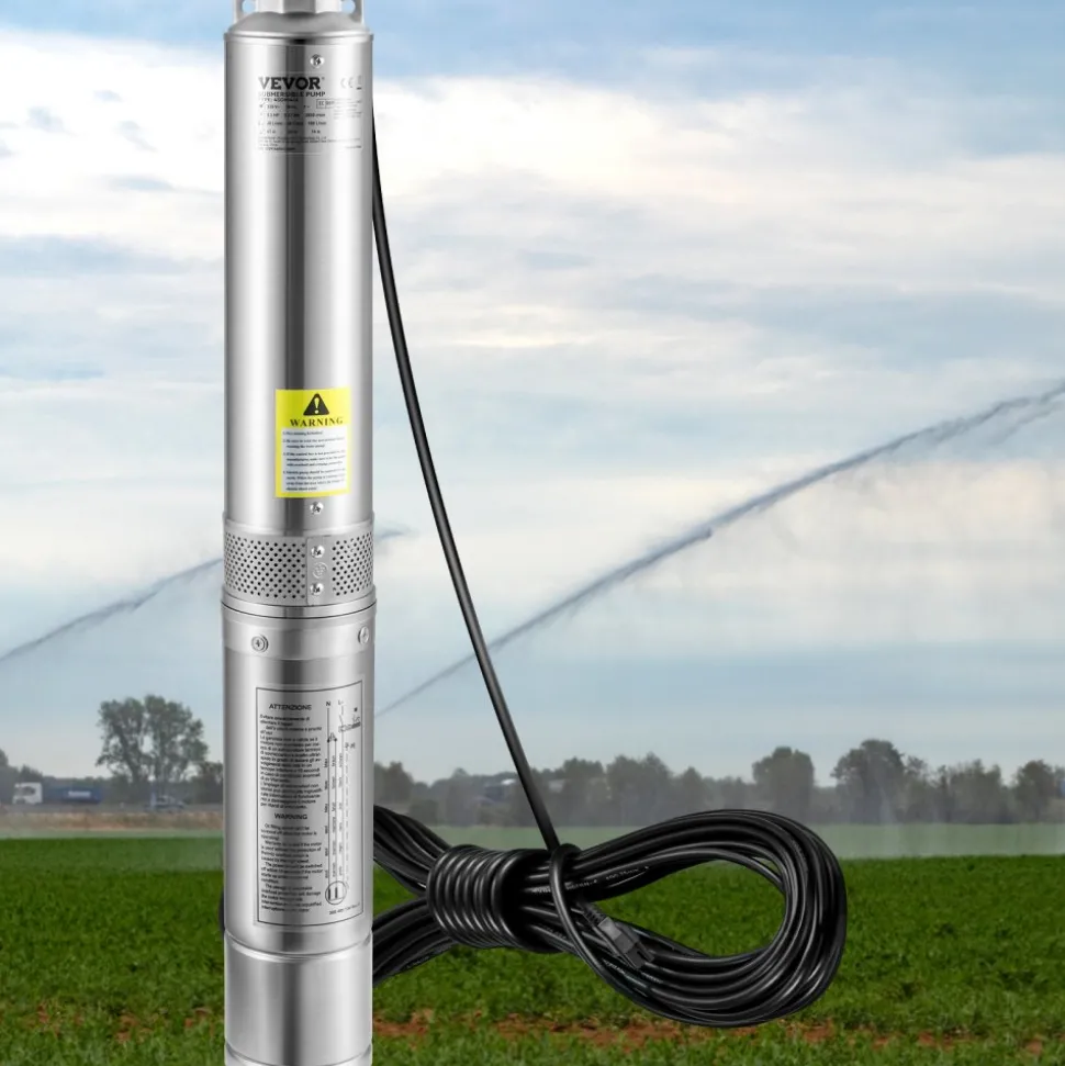 VEVOR Deep Well Submersible Pump, 1HP 230V/60Hz, 37gpm Flow 207ft Head, with 33ft Electric Cord, 4" Stainless Steel Water Pump for Industrial, Irrigation&Home Use, IP68 Waterproof Grade