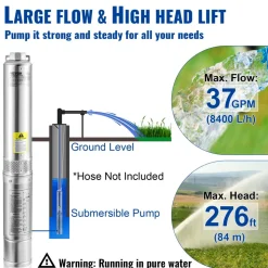 VEVOR Deep Well Submersible Pump, 1.5HP 230V/60Hz, 37gpm 276ft Head, with 33ft Electric Cord, 4" Stainless Steel Water Pumps for Industrial, Irrigation and Home Use, IP68 Waterproof Grade